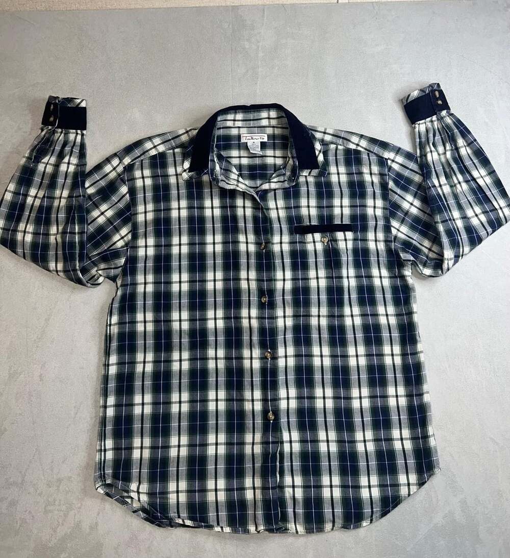 Talbots Plaid Button Down Shirt Size M Navy Green Cotton Corduroy Trim